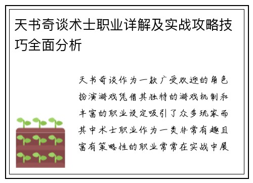 天书奇谈术士职业详解及实战攻略技巧全面分析